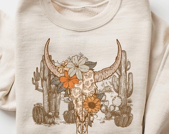 Sweatshirt Western Desert Cow Skull, boho longhornbuffel T-shirt, shirt westerse vrouwen, grappig rodeo-T-shirt, esthetisch landmeisje cadeau