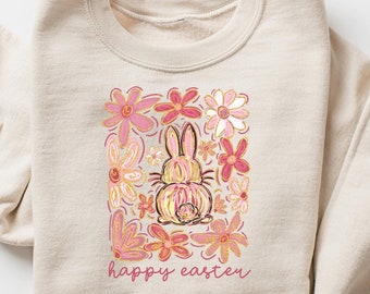 Felpa con coniglietto pasquale in stile boho floreale, maglietta pasquale con coniglietto, outfit di buona Pasqua, regalo di Pasqua retrò, maglietta pasquale da donna, girocollo con coniglietto pasquale