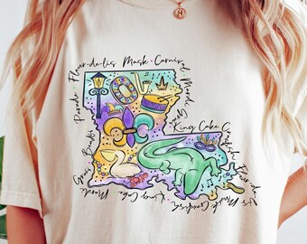 T-shirt Mardi Gras Alligator, Mardi Gras-shirt, Louisiana Crocodile-shirt, Mardi Gras-cadeau, Flower De Luce ronde hals, T-shirt Mardi Gras Parade