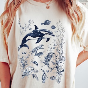 Retro comfort T-shirt, jaren 90 vrouwen sweater, shirt schattige zeedieren, oceaanvis ronde hals, motiverende moeder cadeau, Ocean Lover Tee