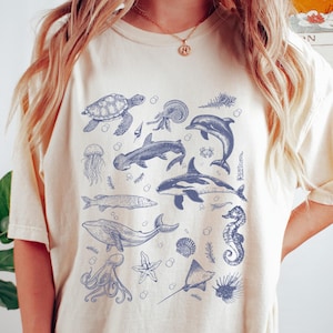 Retro comfort T-shirt zeedieren, jaren 90 damesshirt, Sea Life ronde hals, trendy dameskleding, Summer Vibes-T-shirt, Ocean Animals-T-shirt
