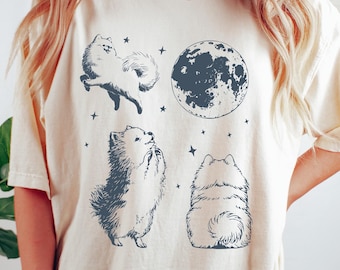 Retro Comfort Dog T-shirt, Funny Pomeranian Dog Shirt, Cute Moon Stars Graphic Sweatshirt, Aesthetic Dog Mom Gift, Pet Lover Tee