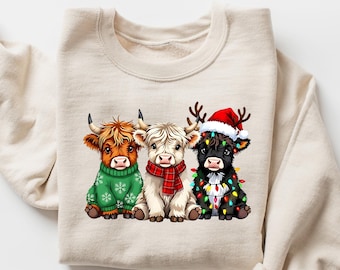 Christmas Cow Sweatshirt, Highland Cow Tshirt, Women's Cow Christmas Shirt, Cow Lover Gift, Farm Christmas Hoodie, Cute Winter Cow Sweater