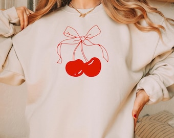 Hoodie met kersenstrik, oversized minimalistische trui met rode kers en strik, esthetische damestrui, bijpassend T-shirt Girly Social Club, Coquette T-shirt