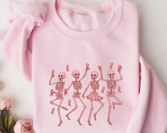 Moletom Dancing Skeletons contra o câncer de mama, camiseta com laço rosa Skeletons, camiseta de Halloween com câncer de mama, camiseta de Halloween, presente para câncer de mama