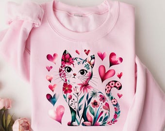Cat Loves Valentines Sweatshirt, Women's Cat Lover Valentine Sweater, Heart Graphic Tee, Romantic Cat Shirt, Cat Owner Gift, Valentine Top
