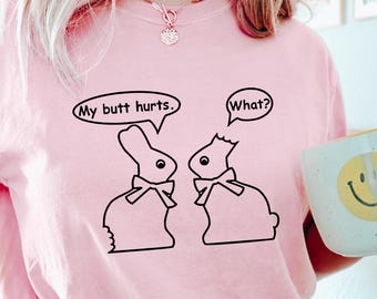 Koszulka My Butt Hurts, Zabawna koszulka wielkanocna, Damska bluza wielkanocna, Okrągły dekolt z zajączkiem wielkanocnym, Uroczy pasujący prezent wielkanocny, Koszulka z zajączkiem wielkanocnym