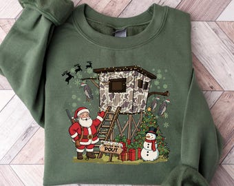 Camo Santa Sweatshirt, Santa Duck Hunting Sweater, Xmas Duck Hunting Hoodie, Mallard Duck Tee, Christmas Hunter Gift, Santa Hunting Tshirt