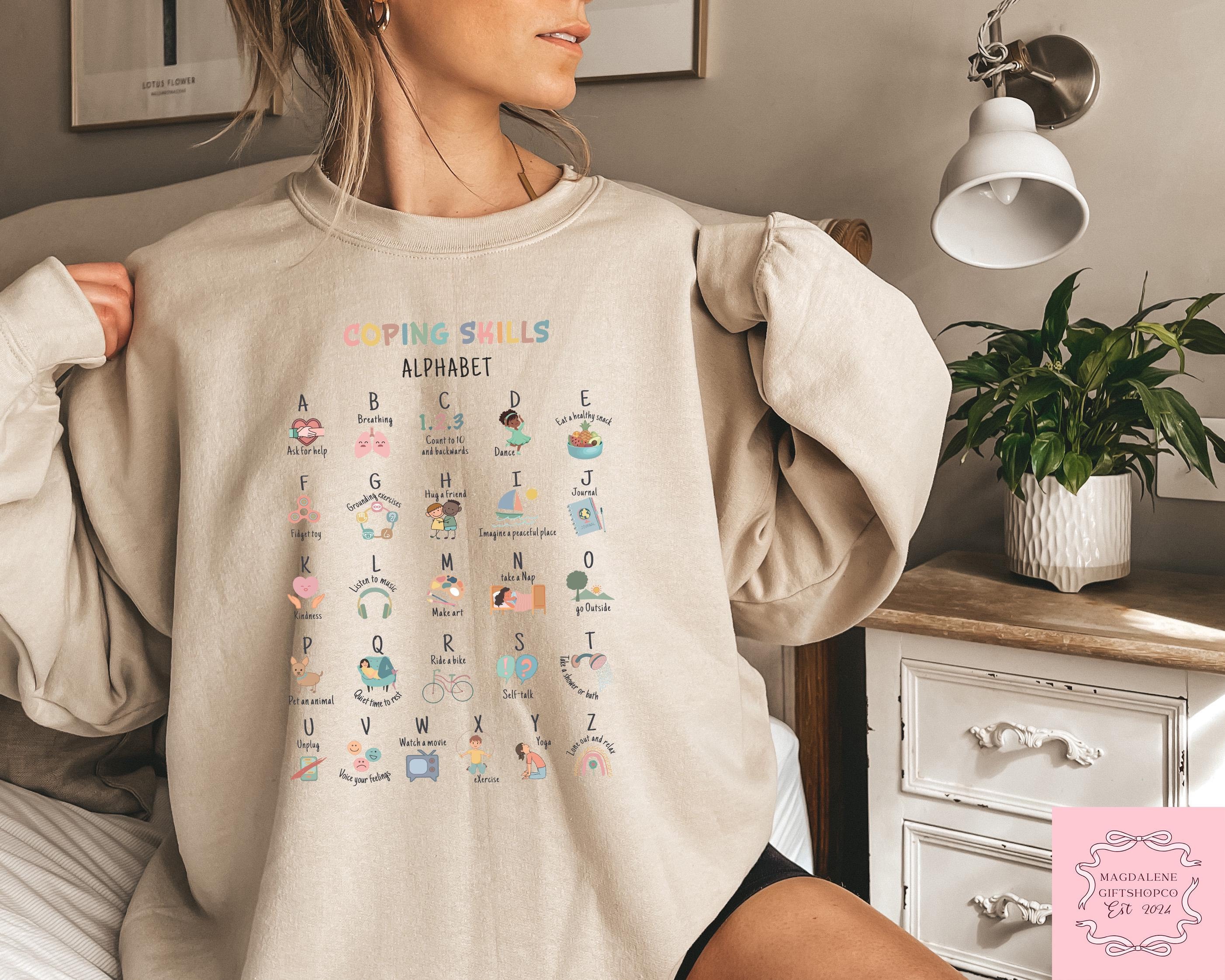 Retro Comfort Coping Skills Alphabet Sweatshirt, School Counselor Tshirt, School Psychologist Outfit, Counselor Gift, Alphabet Teacher Shirt