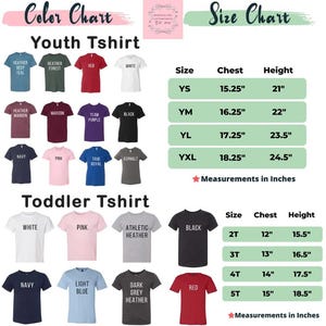 May include: Color chart for youth and toddler t-shirts, showcasing various colors like red, black, and navy. Size charts display chest and height measurements in inches for each size, from YS to YXL and 2T to 5T.