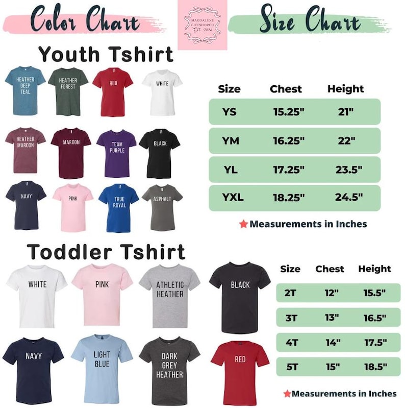 May include: Color chart for youth and toddler t-shirts, showcasing various colors like red, black, and navy. Size charts display chest and height measurements in inches for each size, from YS to YXL and 2T to 5T.