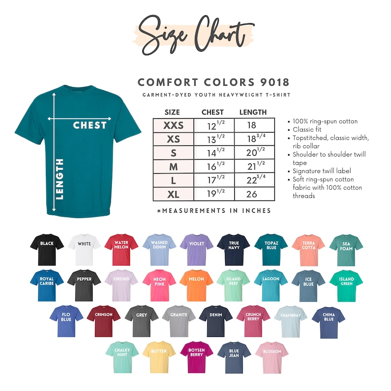 Puede incluir: Una camiseta juvenil Comfort Colors de color verde azulado con una tabla de tallas. La tabla enumera las medidas de pecho y largo en pulgadas para las tallas XXS a XL. La imagen tambi&eacute;n muestra una variedad de colores de camisetas.