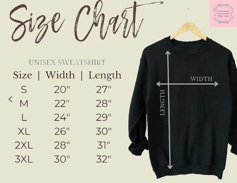 May include: Black unisex sweatshirt displayed on a wooden hanger, with a size chart showing measurements in inches. The chart lists sizes S to 3XL, with corresponding width and length measurements. The text "Size Chart" is at the top.