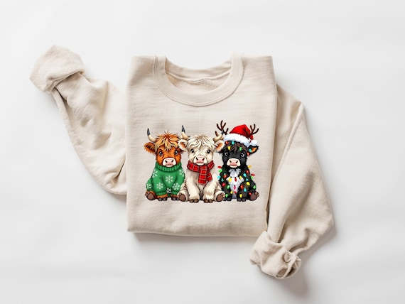 Christmas Cow Sweatshirt, Highland Cow Tshirt, Women's Cow Christmas Shirt, Cow Lover Gift, Farm Christmas Hoodie, Cute Winter Cow Sweater