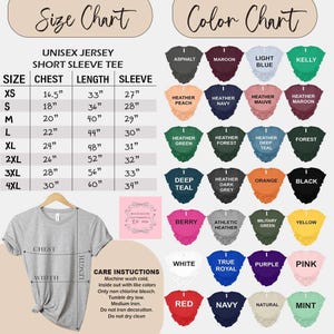 May include: A size and color chart for unisex short sleeve tees. The size chart lists chest, length, and sleeve measurements in inches. The color chart displays various shirt colors, including Asphalt, Maroon, Light Blue, and Kelly Green.