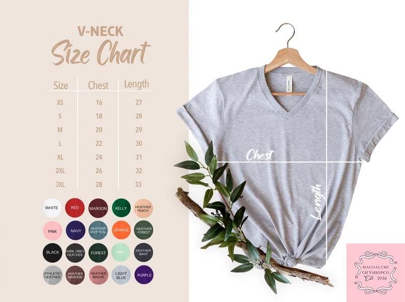 May include: A light gray V-neck t-shirt hanging on a wooden hanger. The image includes a size chart with chest and length measurements in inches, and a color chart with various options.