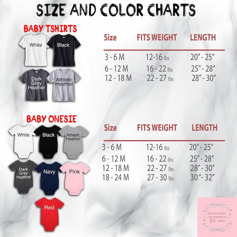 May include: Size and color chart for baby t-shirts and onesies. The chart shows the size, fit weight, and length for each item. T-shirts are available in white, black, dark grey heather, and athletic heather. Onesies are available in white, black, athletic heather, dark grey heather, navy, pink, and red.