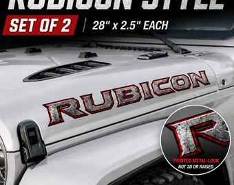 Rubicon Style Hood Decals Set of 2 Red Black Vinyl Stickers for Jeep Metal Look