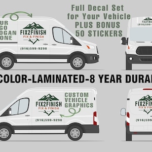 May include: White van with black and red detailing, advertising vehicle decal sets. The van displays the "FIX2FINISH" logo, phone number, and text: "Full Color-Laminated-8 Year Durability." Includes bonus stickers.