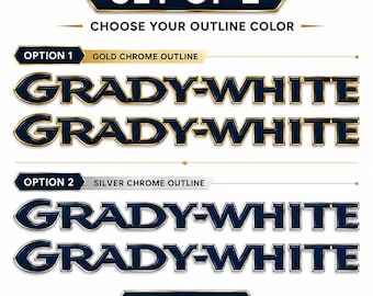 Fits Grady White Boat Logo Decals (Set of 2) - Navy w/Gold Outline 38" Long