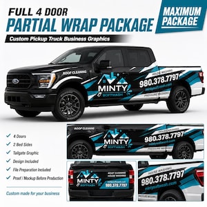 May include: A black pickup truck featuring a partial wrap with teal and white geometric graphics. The design includes the text MINTY SOFTWASH, ROOF CLEANING, HOUSE WASHING, PRESSURE WASHING, the phone number 980.378.7797, and the website mintysoftwash.com.