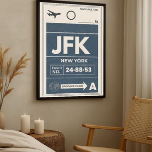 Travel Poster New York JFK Baggage Tag Print, NYC Travel Art, Industrial Loft Decor, Airport Code Wall Poster, Retro Aviation Gift.