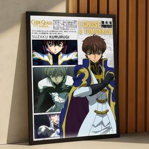 Op de afbeelding: Een ingelijste poster met anime-personages uit Code Geass. Het kunstwerk bevat meerdere panelen met karakterillustraties en Japanse tekst. De hoofdafbeelding toont een personage in een witte en blauwe outfit met de tekst "I Chose to Protect a Tomorrow".