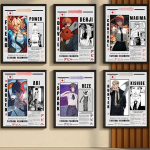 Peut inclure: Six affiches encadrées présentant des personnages d'anime de la série manga Chainsaw Man. Chaque affiche affiche une illustration de personnage unique avec du texte japonais et des titres anglais tels que "Control" et "Makima". Les affiches sont affichées sur un mur beige.