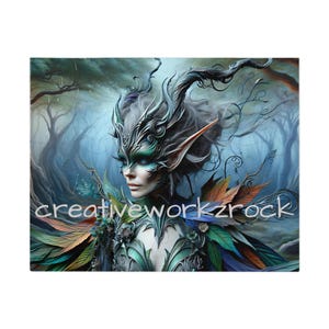 May include: A jigsaw puzzle depicting a fantasy image of a woman with elven characteristics. The woman has green eyes and a green mask, with long, pointed ears. The puzzle has a forest background and the text "creativeworkzrock".