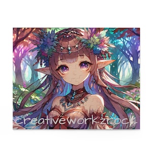 May include: A completed jigsaw puzzle depicting an anime-style elf girl with long brown hair, large purple eyes, and floral headwear. The background shows a colorful forest scene. The puzzle has the text "creativeworkzroc" on the bottom.