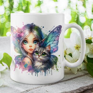 Fairy and Silver Tabby Cat Mug, Personalized Coffee Cup, Gift for Animal Lovers