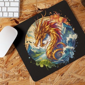 Golden Dragon Mouse Mat PU Leather, Round or Rectangular Desk Pad | Dragon Mousepad