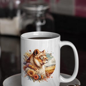 Lioness Floral Ceramic Mug, Savanna Animal Lover Gift