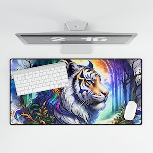 Fantasy Tiger Desk Mat, Animal Print Desk Accessory, Large Gaming Mouse Pad, Unique Office Decor, Tiger Lover Gift, Nature Theme Desk