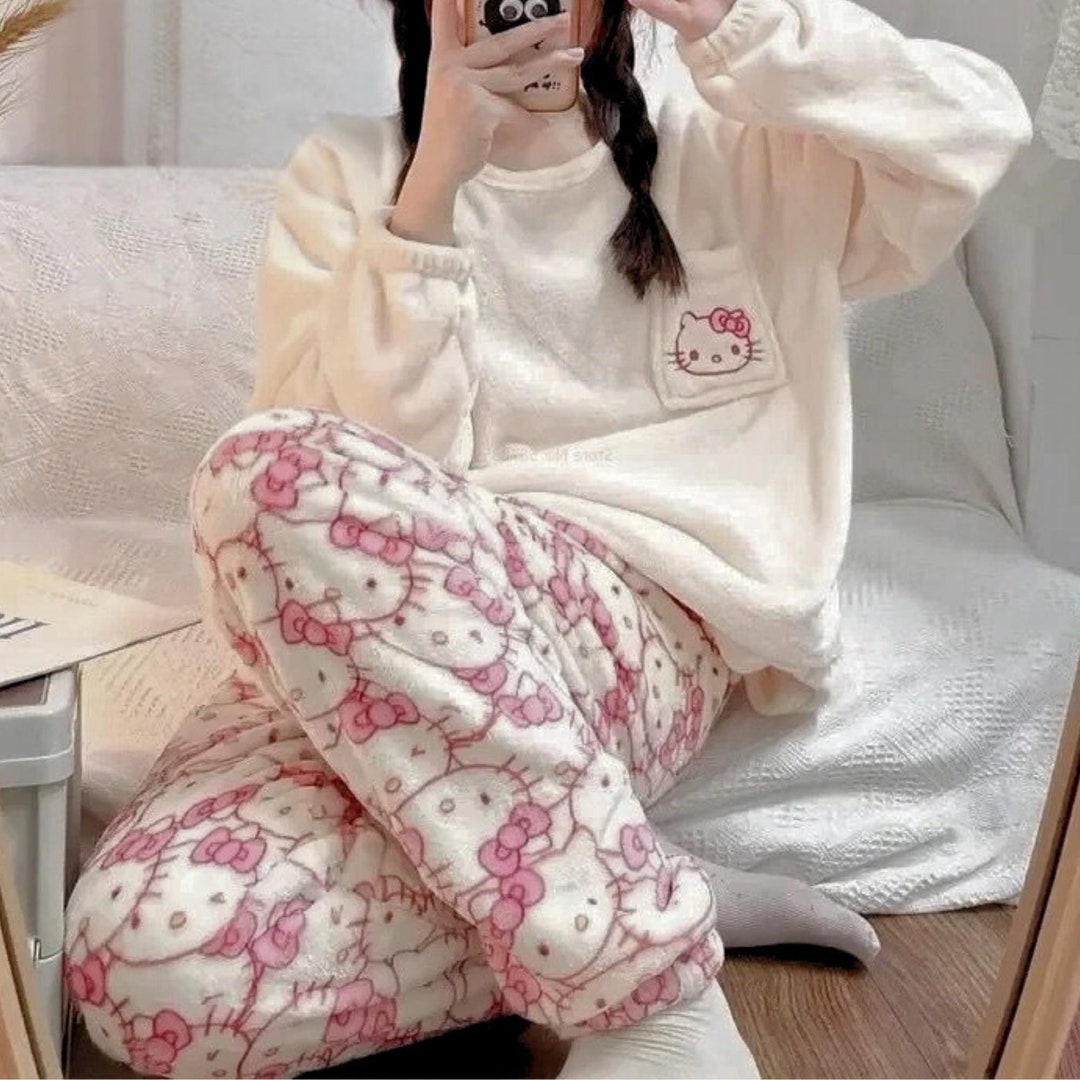 Kawaii Kitty Bow White Pink Winter Pajamas Hooded Bathrobe & Pants Two Piece
