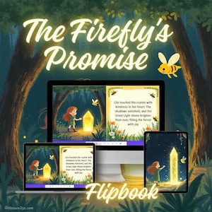 Op de afbeelding: Digitale illustratie van een kinderflipbook getiteld "The Firefly's Promise". De illustratie toont een meisje met rood haar en een gloeiend kristal in een bosrijke omgeving. De titel en het woord "Flipbook" zijn prominent aanwezig.