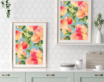 Lebendiger Pfirsich Blumen Kunstdruck, mattes horizontales Poster für Wohnkultur, Küchen Wandkunst, Sommer Vibes, Geschenk für Fruchtliebhaber