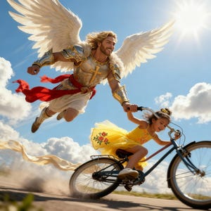 Könnte beinhalten: Ein Bild einer geflügelten Figur in Rüstung, mit rotem Schärpe, die einem jungen Mädchen auf einem Fahrrad hilft. Das Mädchen trägt ein gelbes Kleid mit floralen Akzenten. Die Szene spielt vor blauem Himmel mit Wolken und hellem Sonnenlicht.