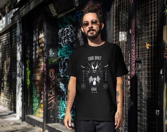 Camiseta con el logo de Eddie Brock Venom y el logo de Spider Symbiote, diseño de personaje de cómic.