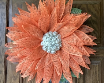 Orange Flower Wreath, Summer Wreath, Spring Wreath, Wreathfor Front Door, Poly Burlap Flower Wreath, Mesh Flower, Wreath for Porch
