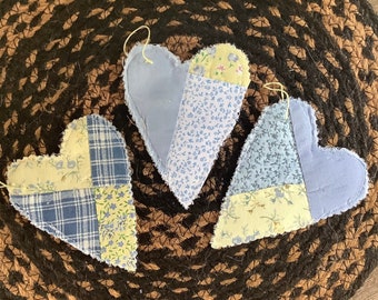 Set/3 Blue Yellow Floral Plaid Patchwork Quilted Heart Ornaments