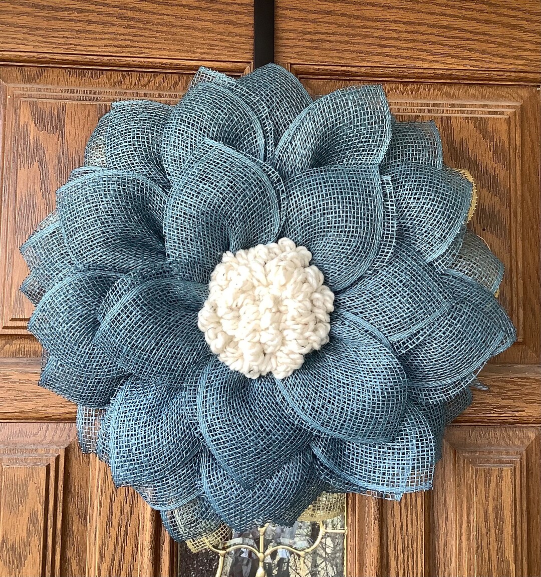 Smoke Blue Burlap Mesh Flower Wreath, Wreath for Front Door, Spring