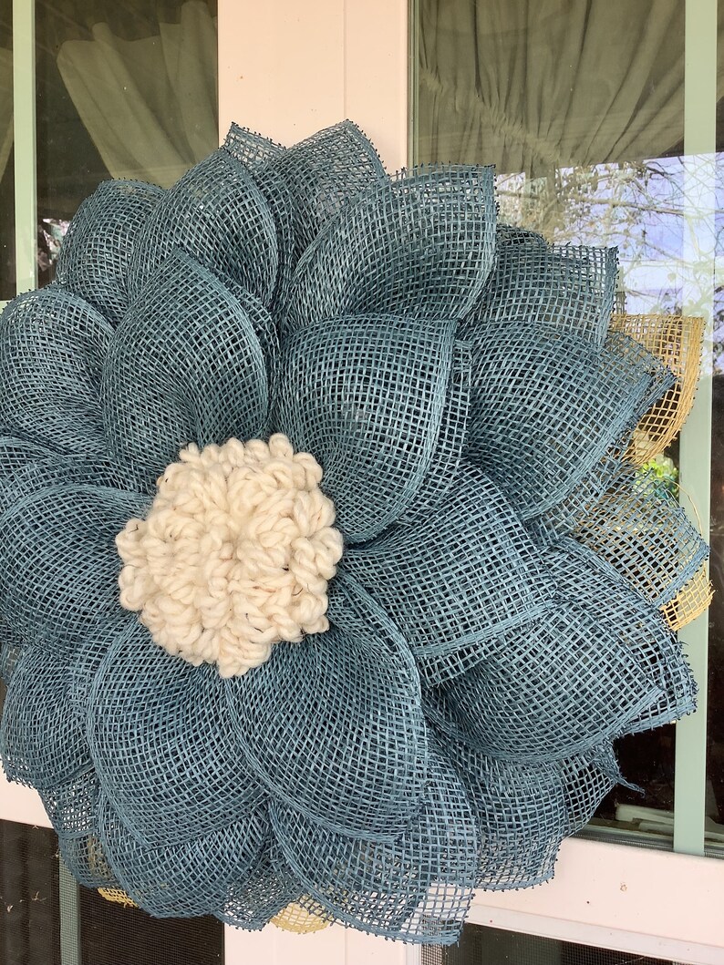 Smoke Blue Burlap Mesh Flower Wreath Wreath for Front Door Etsy