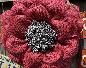 Cranberry Poly Burlap Mesh Flower Wreath, Spring  Wreath, Summer Wreath, Mothers Day, Front Door Wreath, Deco Mesh Wreath, Floral Wreath