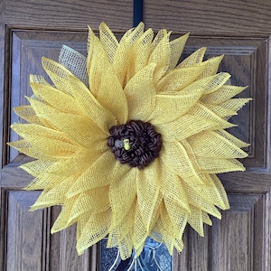 Sunflower Wreath for Front Door, SummerWreath, Spring Wreath, Burlap Mesh Flower Wreath, Yellow Flower Wreath, Porch Decor