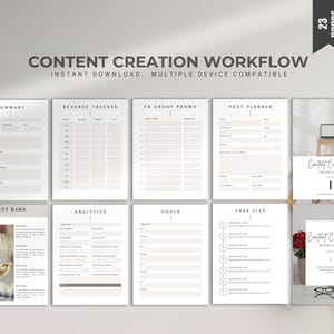 May include: A printable content creation workflow planner with 23 pages. The planner includes sections for summary, revenue tracker, Facebook group promo, post planner, best bars, analytics, goals, and task list. The planner is designed to help content creators organize their work and track their progress.