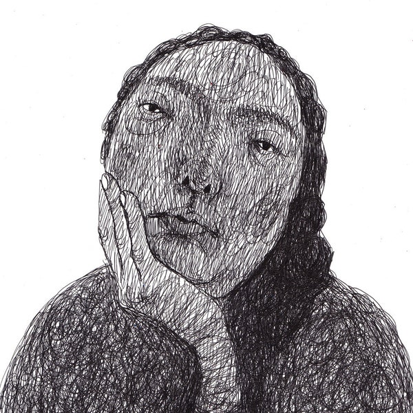 Monotone / ORIGINAL ILLUSTRATION / Black on white / Scribble / Pen drawing / Holding my head / Thinking about something