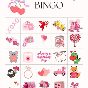 Puede incluir: Tarjeta de bingo del D&iacute;a de San Valent&iacute;n con 25 casillas que muestran im&aacute;genes de corazones, una c&aacute;mara, un anillo, un buz&oacute;n, una bicicleta, una vela, un zorro, un dinosaurio, un ping&uuml;ino, un &aacute;rbol, una abeja, un cupido, un pez, un par de p&aacute;jaros, un frasco de corazones, una taza, un avi&oacute;n, un cami&oacute;n, un ramo de flores, una tarjeta, un regalo y el texto "XOXO" y "Feliz D&iacute;a de San Valent&iacute;n".