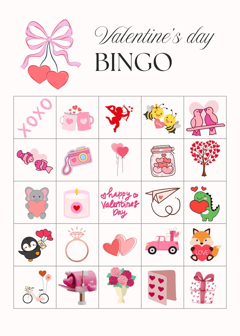 Puede incluir: Tarjeta de bingo del D&iacute;a de San Valent&iacute;n con 25 casillas que muestran im&aacute;genes de corazones, una c&aacute;mara, un anillo, un buz&oacute;n, una bicicleta, una vela, un zorro, un dinosaurio, un ping&uuml;ino, un &aacute;rbol, una abeja, un cupido, un pez, un par de p&aacute;jaros, un frasco de corazones, una taza, un avi&oacute;n, un cami&oacute;n, un ramo de flores, una tarjeta, un regalo y el texto "XOXO" y "Feliz D&iacute;a de San Valent&iacute;n".