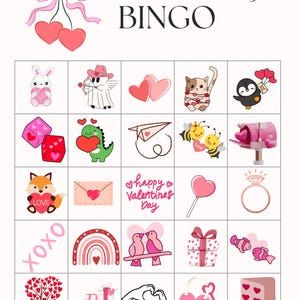 Puede incluir: Tarjeta de bingo del D&iacute;a de San Valent&iacute;n con 25 casillas que muestran varias im&aacute;genes relacionadas con el amor, los corazones y el D&iacute;a de San Valent&iacute;n. Las im&aacute;genes incluyen un conejito sosteniendo un coraz&oacute;n, un &aacute;ngel cupido, dos corazones, un gato con una guirnalda de corazones, un ping&uuml;ino sosteniendo globos, dados con corazones, un dinosaurio sosteniendo un coraz&oacute;n, un avi&oacute;n de papel, dos abejas con un coraz&oacute;n, un buz&oacute;n con corazones, un zorro sosteniendo un coraz&oacute;n, un sobre con un coraz&oacute;n, el texto "Feliz D&iacute;a de San Valent&iacute;n", una piruleta con un coraz&oacute;n, un anillo, el texto "XOXO", un arco&iacute;ris con un coraz&oacute;n, dos p&aacute;jaros en una rama, una caja de regalo con corazones, dos peces con corazones, un &aacute;rbol con corazones, un coche rosa con una caja de regalo, una mano haciendo un coraz&oacute;n, una cerradura rosa con una llave y una tarjeta con corazones.